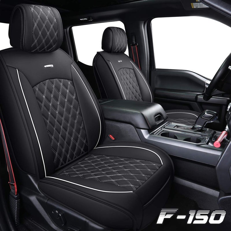 Aierxuan Front Car Seat Covers Custom Fit 2009-2026 Ford F150, 2017-2026 F250 F350 F450 Super Duty Crew Cab Regular Cab Super Cab, Automotive Vehicle Cushion with Waterproof Leather (Black and White) - Image 2